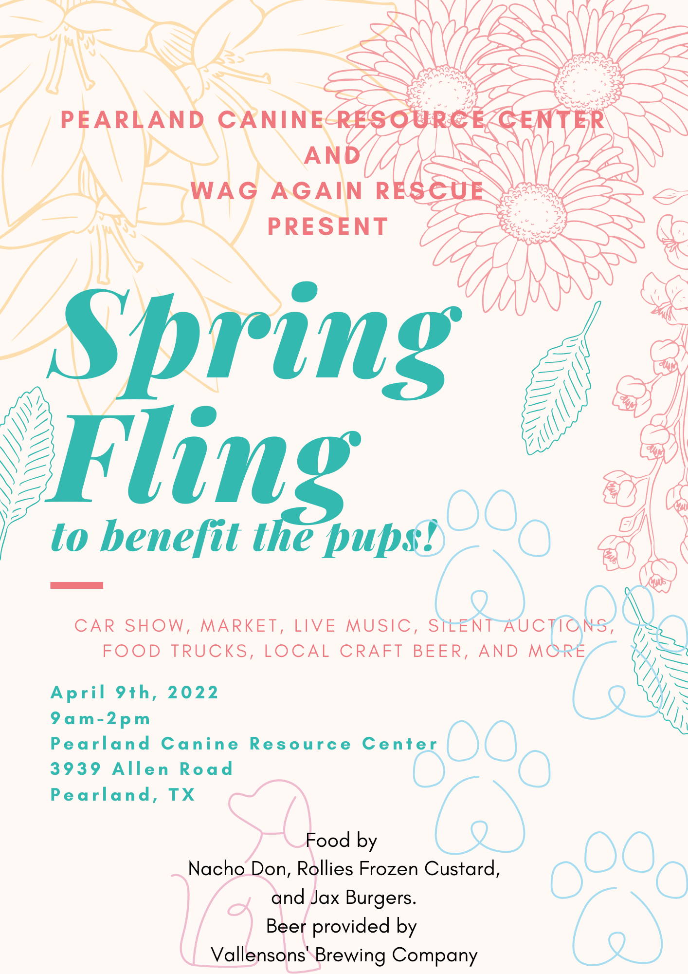 Spring Fling event poster for dog rescue benefit with teal and coral floral design.