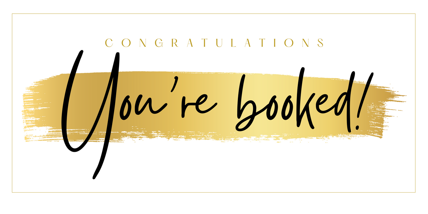 Gold and white congratulations card design with text 'You're booked!' in script font.