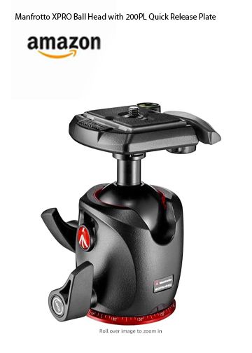 Professional Manfrotto XPRO ball head camera mount with quick release plate for photography.