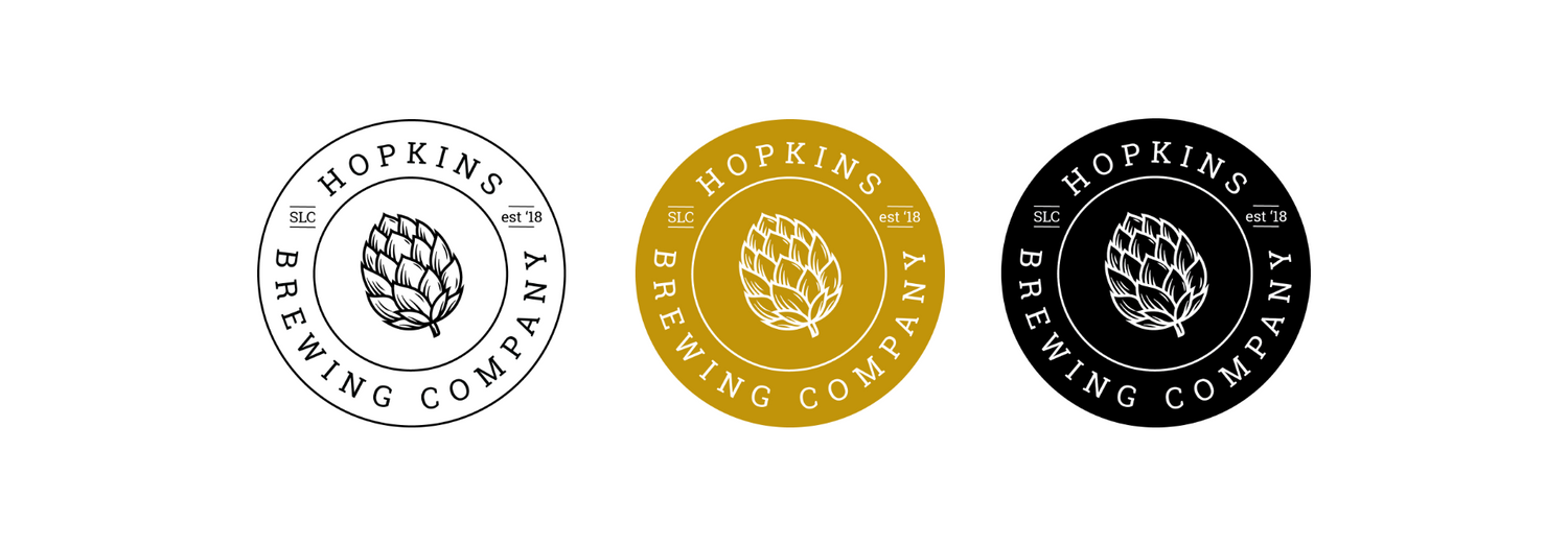 Collection of circular brewery badge logo designs in black, gold and white.