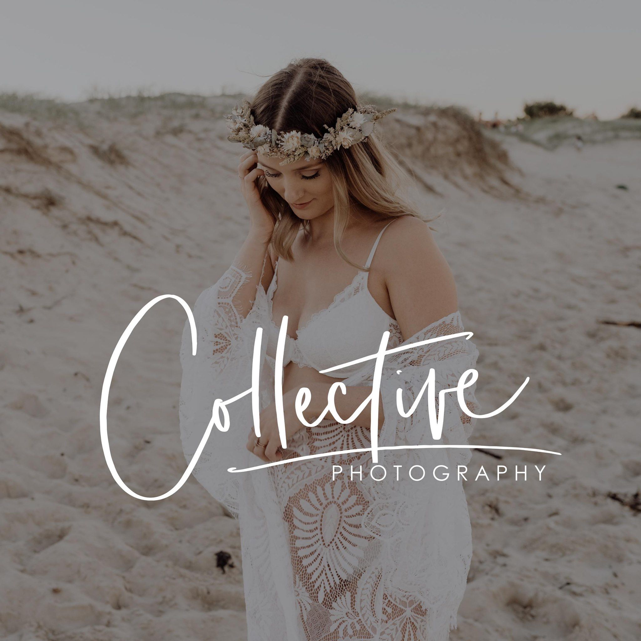 White text logo for Collective Photography overlaid on soft beach portrait.