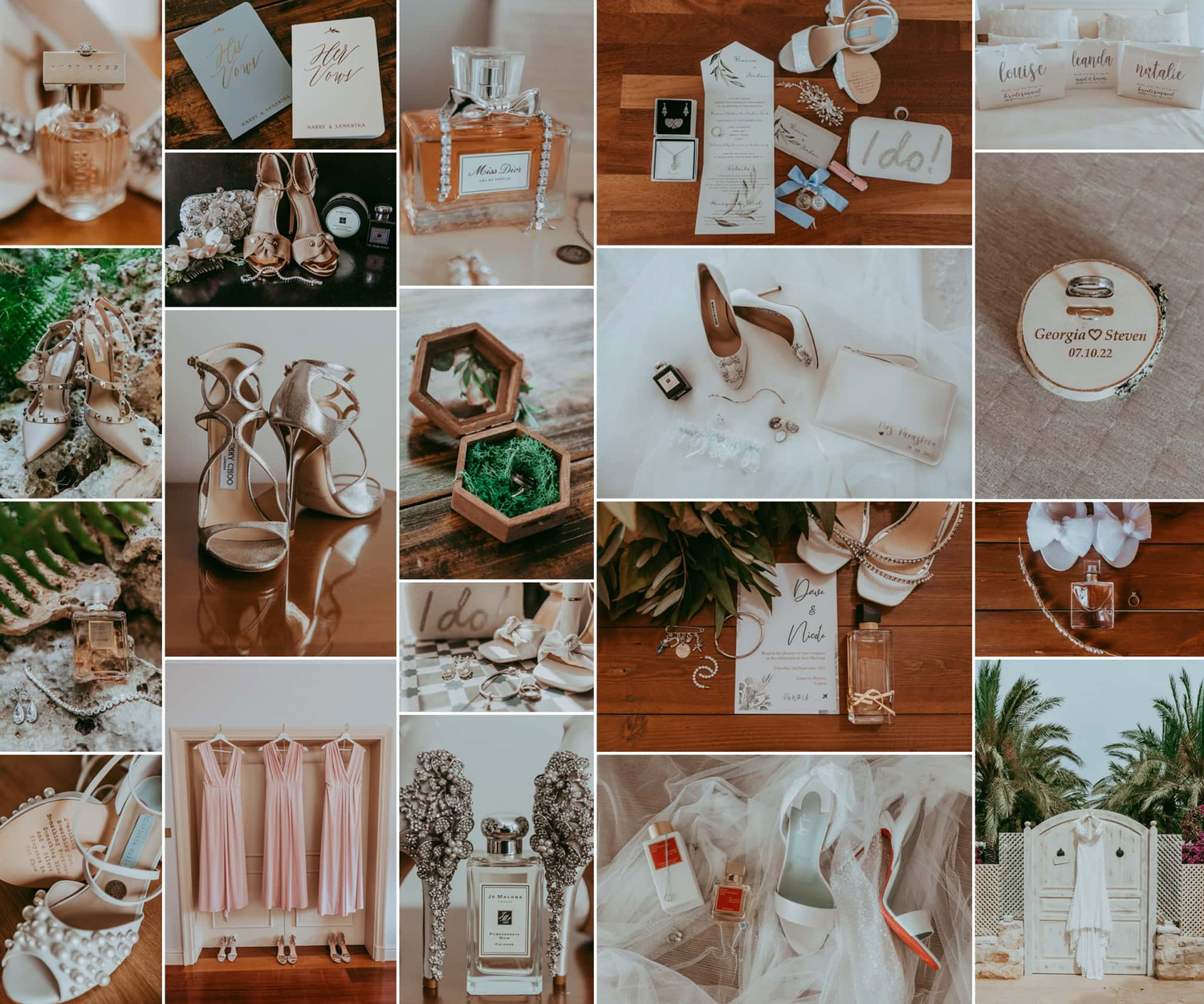 Wedding detail flatlay collection featuring accessories, invitations, and decor in neutral tones.