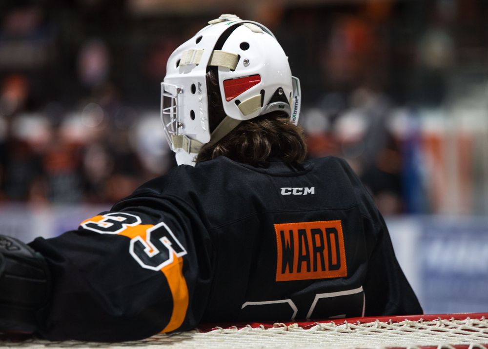 Close-up of hockey player's helmet with jersey number and name Ward visible.