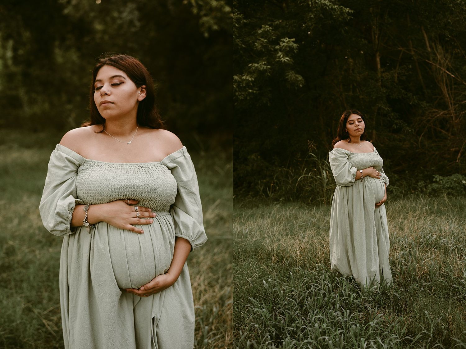 Artistic maternity photos showing close and distant perspectives in natural setting.