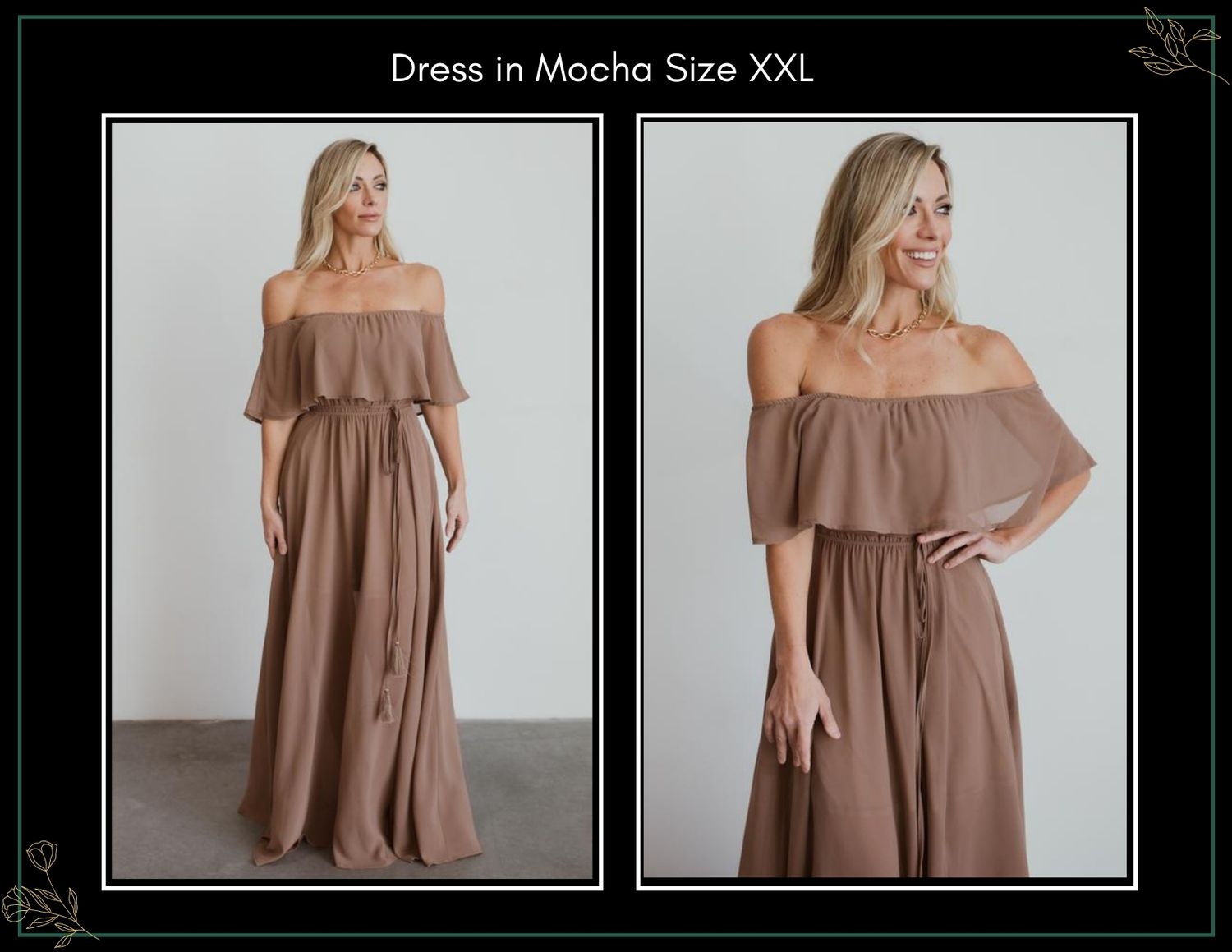 Mocha off-shoulder maxi dress in size XXL with ruffle neckline, short sleeves, and flowy skirt shown from two angles.