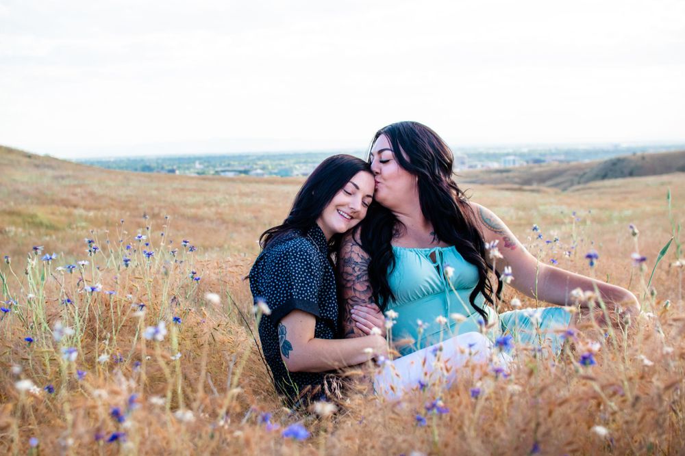 Panoramic series of romantic couples photos taken in a wildflower meadow at sunset.