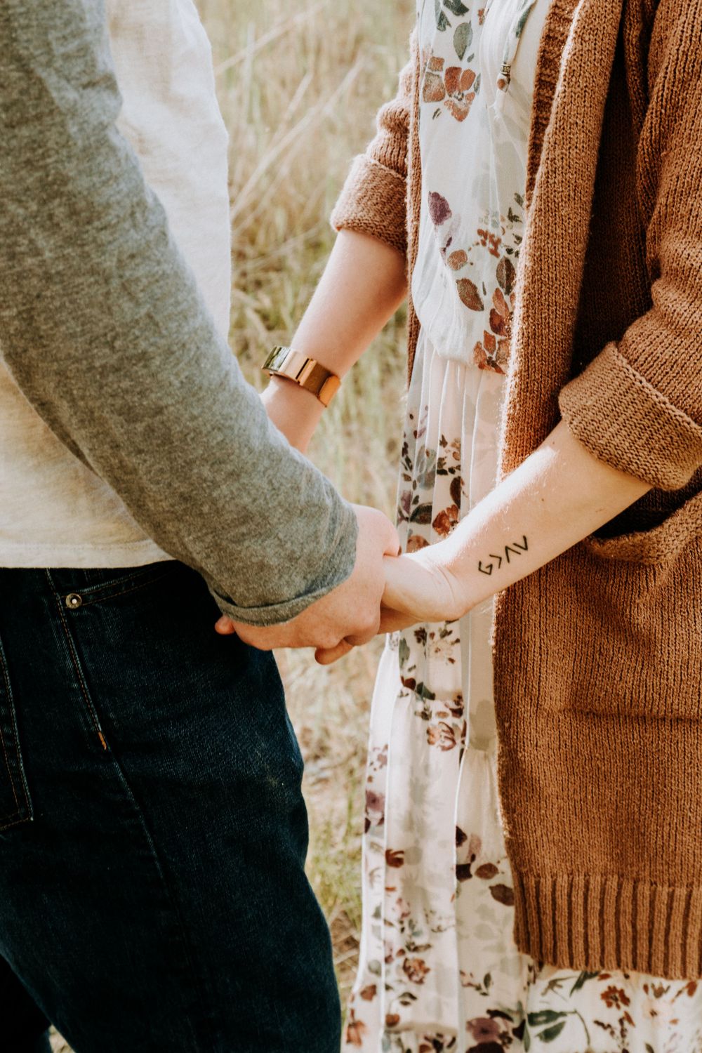 Series of cropped photos showing casual clothing and intimate body language between two people.