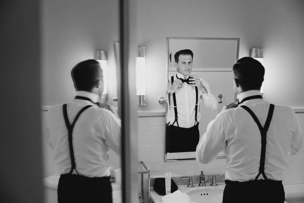 Black and white photographs showing formal wear and preparations.