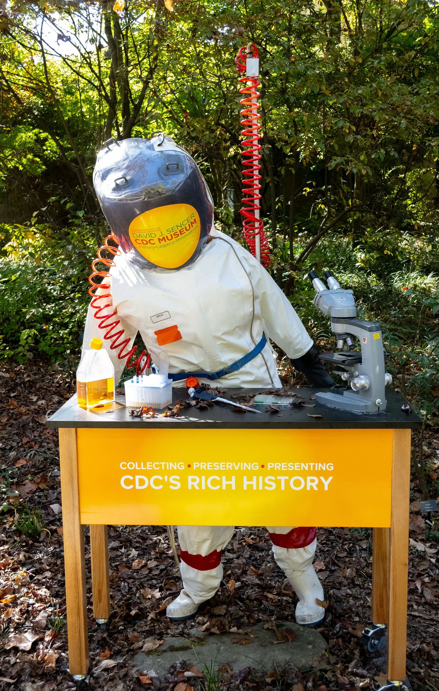 Display featuring scientific equipment and protective gear on a yellow table in a wooded setting.