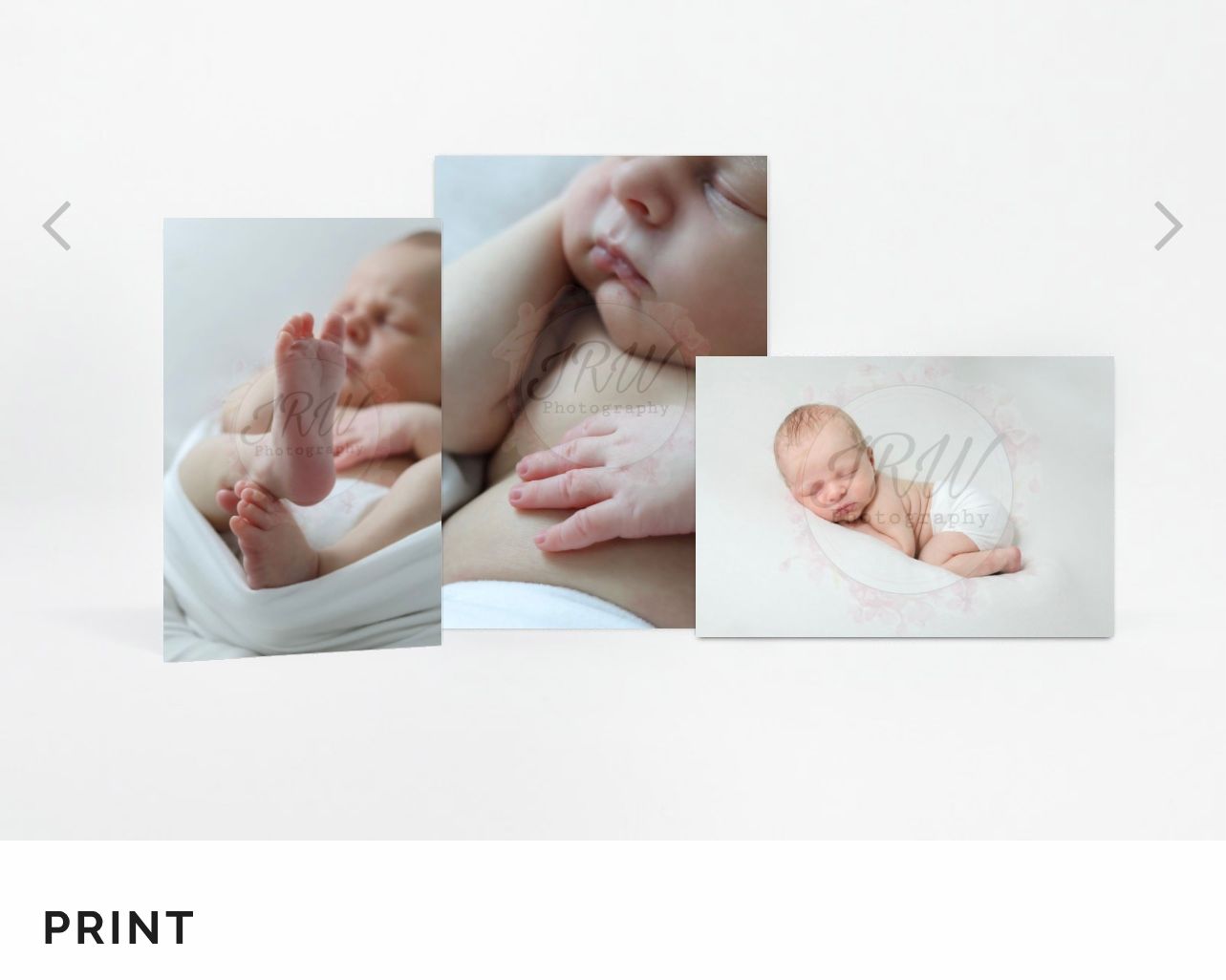 Delicate close-up photos of baby feet and hands displayed in a white gallery print format.