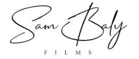 Stylized signature logo design for Sam Baly Films with elegant cursive text in black on white background.