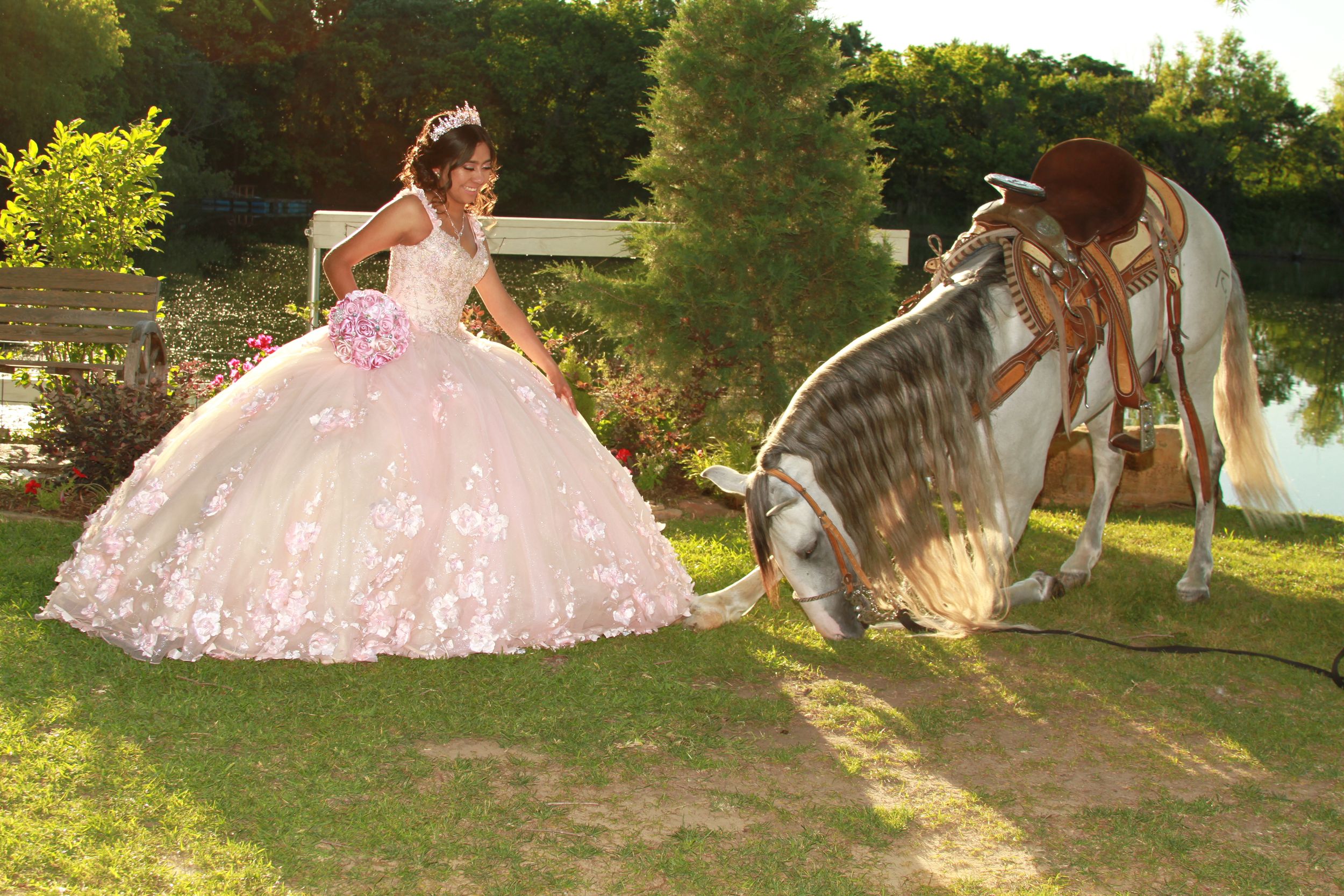 A flowing pink ballgown dress displayed in a sunny garden setting.
