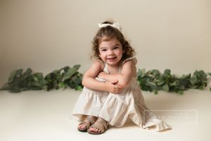 boho toddler portraits, linen dress, greenery photos
