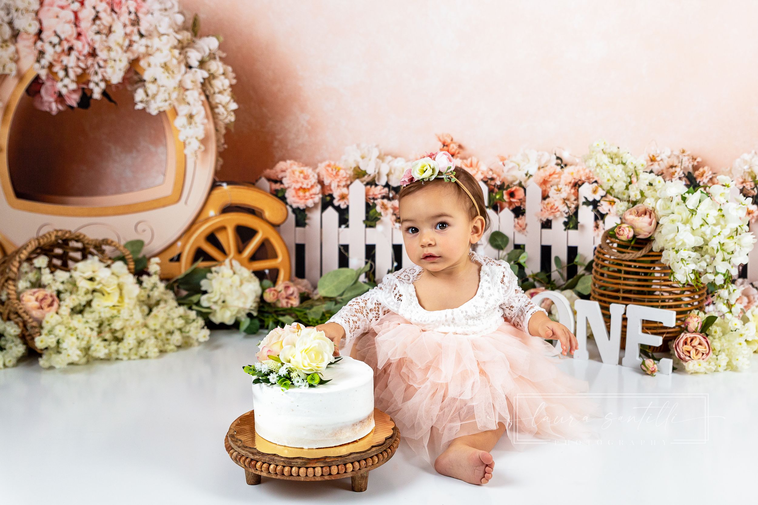princess theme cake smash, princess carriage, floral cake smash portraits