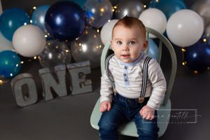 gray blue and silver boy birthday photo, first birthday photo, milestone portraits, baby boy suspenders