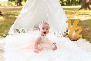outdoor boho 1/2 birthday session, six month old baby girl photo, sitter session