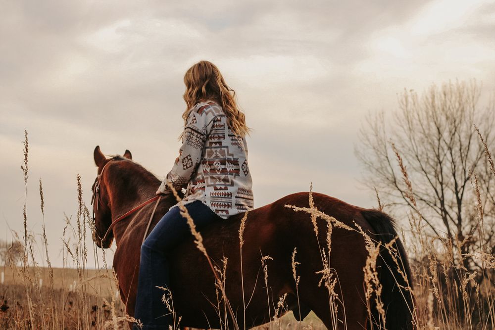 Person with long hair riding a brown horse through a misty autumn field at dusk.