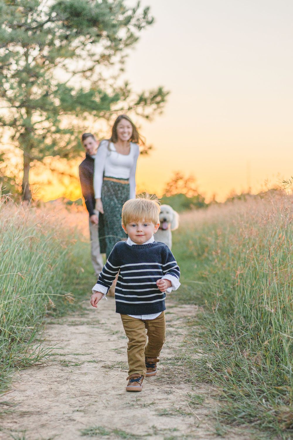 a two year old boy confidently walks towards the camera with his dad, mom, and dog all peeking out behind him