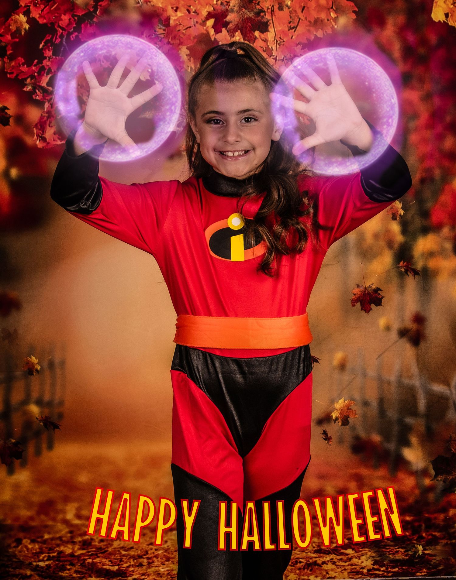 A red-suited superhero with glowing purple energy spheres poses against an autumn Halloween backdrop.