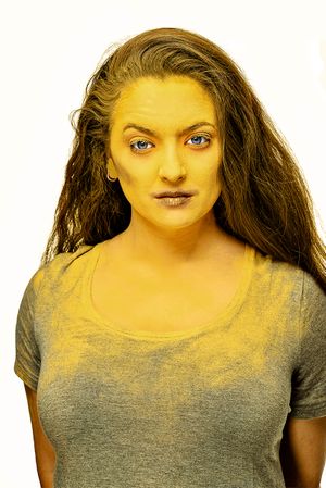 model, yellow, pose, unusual, gray, long hair