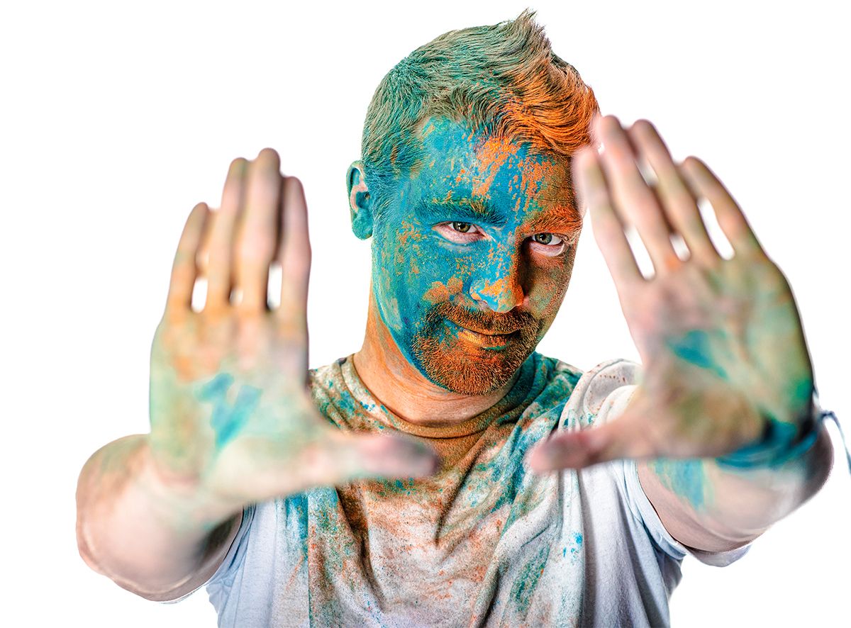 turquoise, orange, framing, male, posing