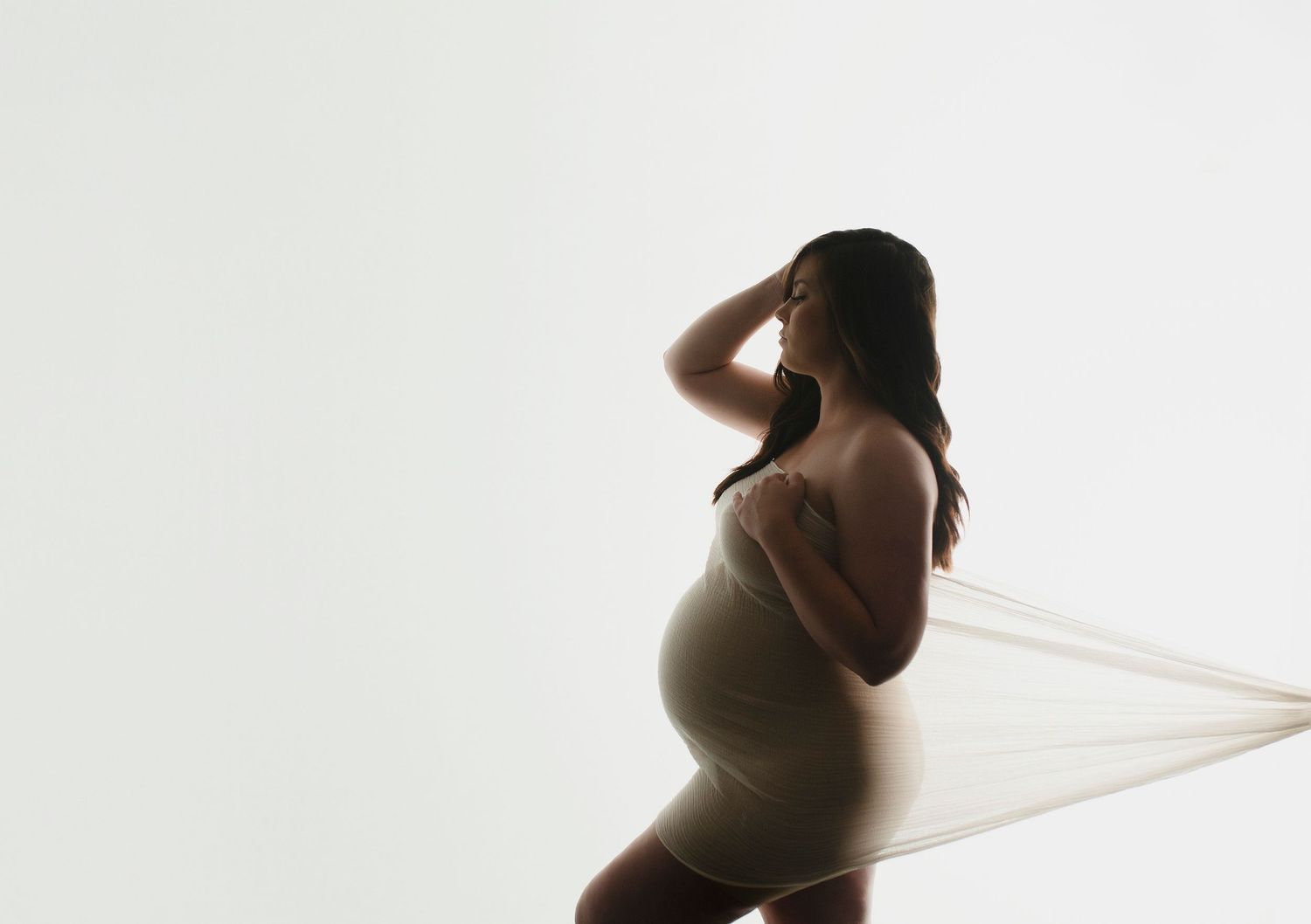 Artistic maternity silhouette portrait photo with dramatic lighting against white backdrop.