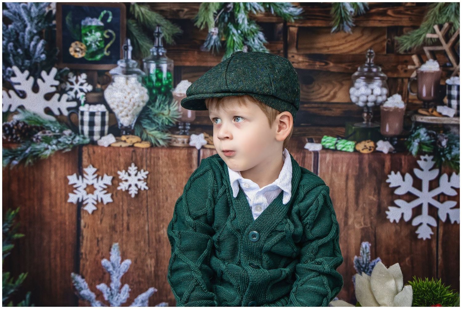 Holiday child portrait in festive Christmas studio set Austin