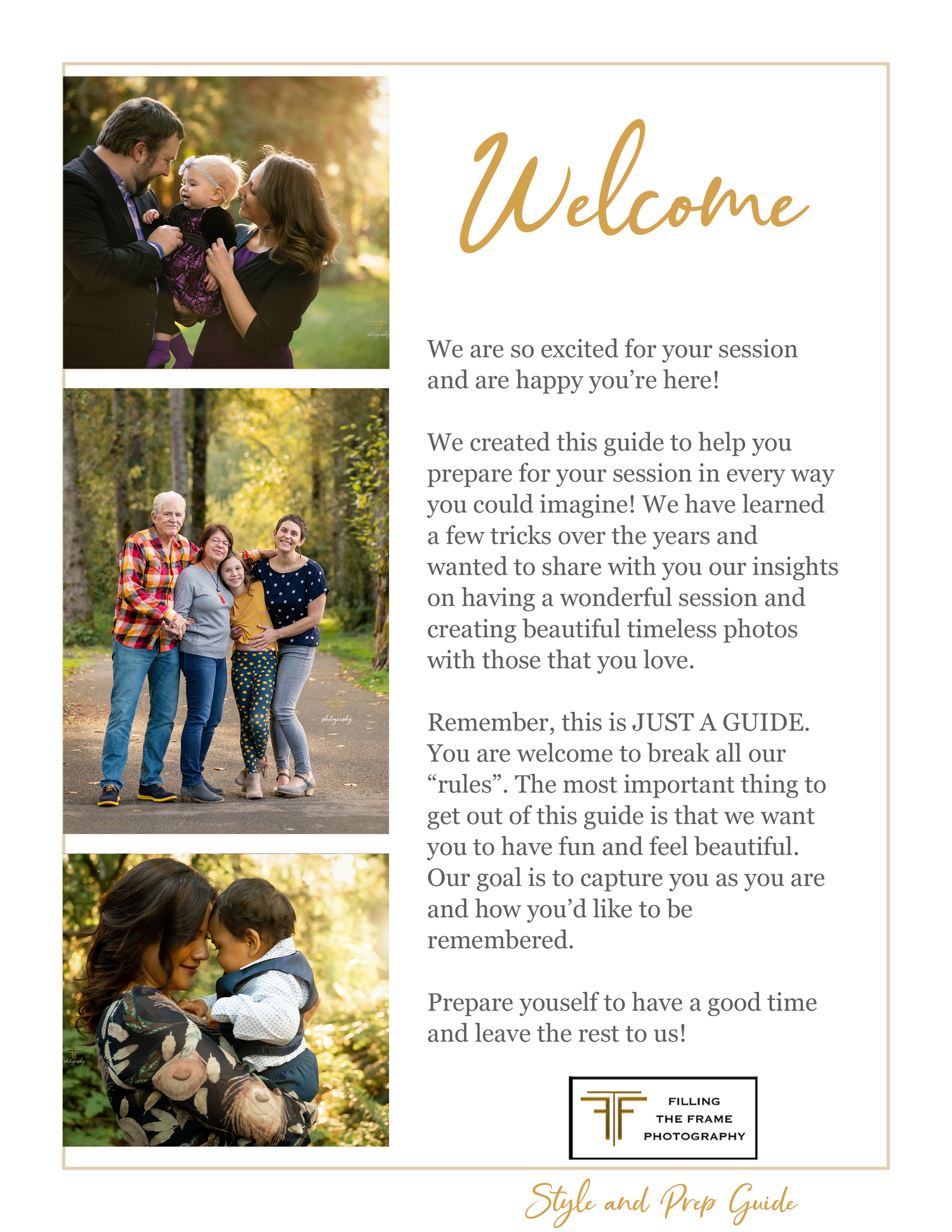 Welcome page of a photography guide with family portrait samples and text.
