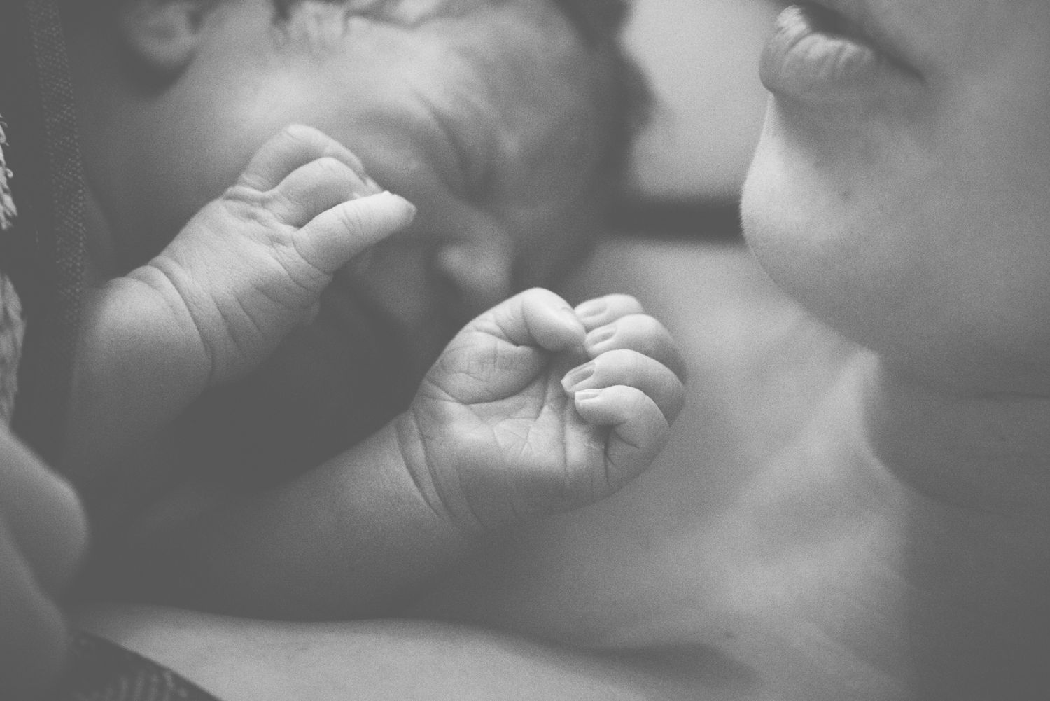 Black and white close-up of a tiny infant's hand near an adult's face.