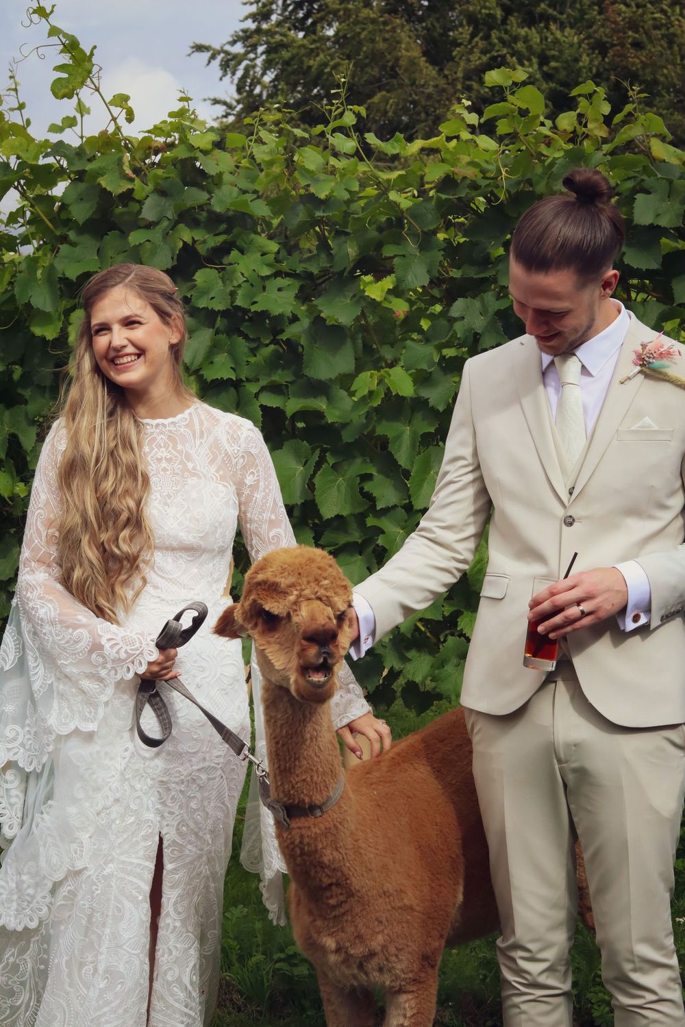 A couple in wedding attire poses in front of greenery with their brown alpaca on their special day.