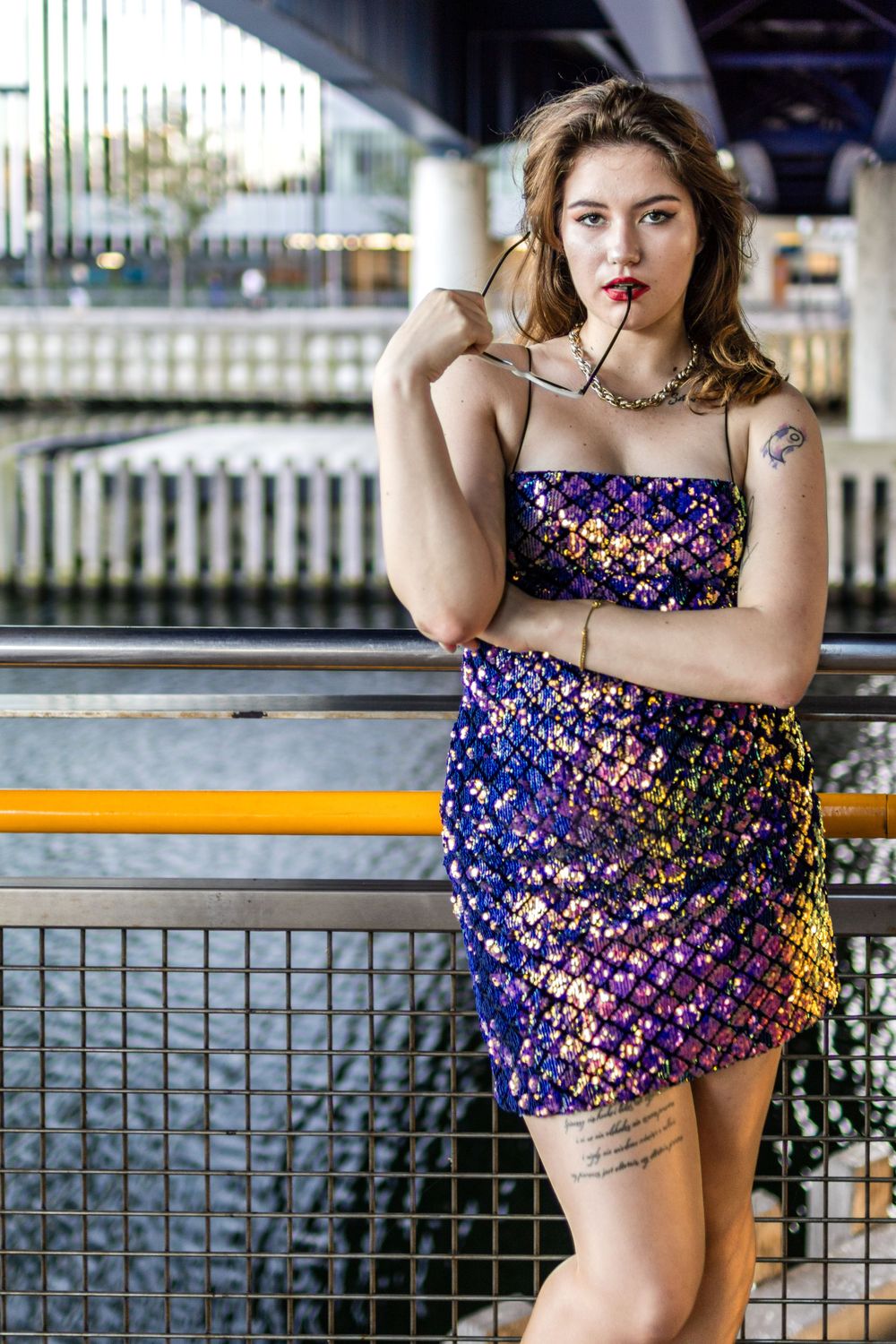 Fashion photography with model Beata wearing a purple sequinned dress