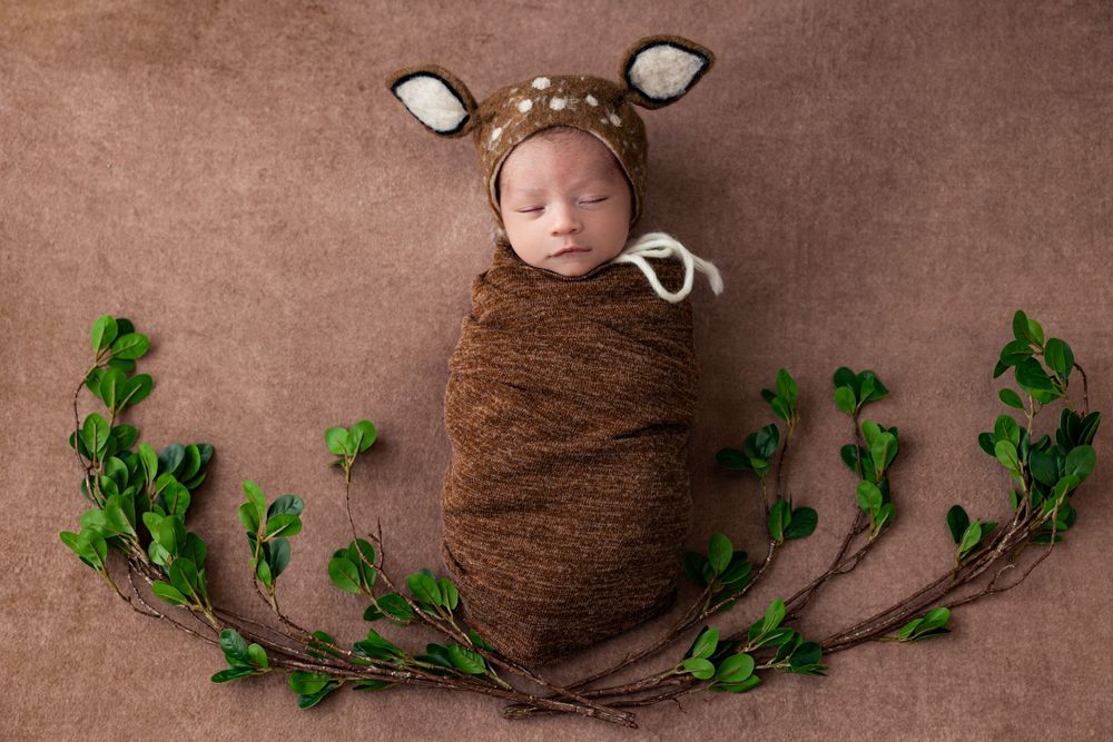 Newborn photography with baby wrapped in brown fabric with deer ears and greenery decorations.