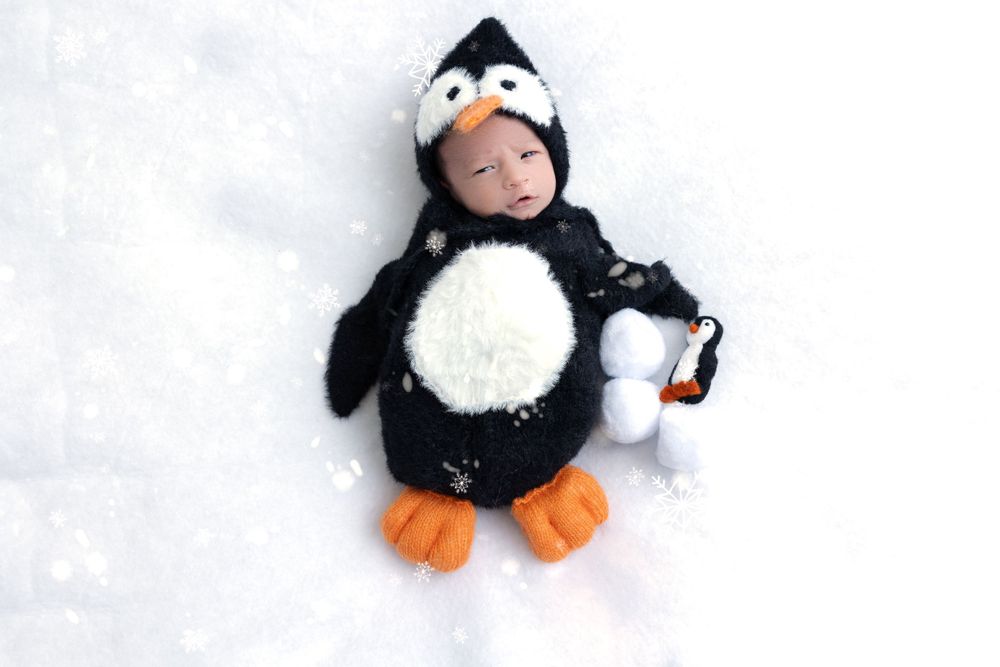 Adorable penguin costume photo of sleeping baby on snowy white background.