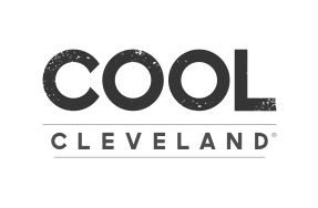 Minimalist black and white logo design reading 'COOL Cleveland' with distressed texture.