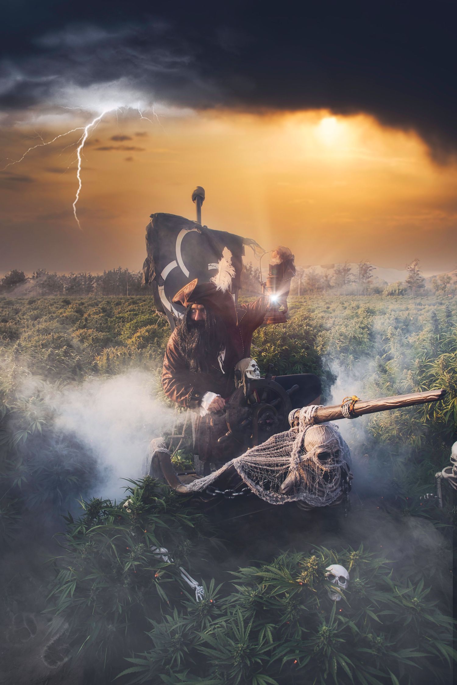 Fantasy warrior figure holding skull staff amid fog and cannabis plants under dramatic stormy lightning sky.