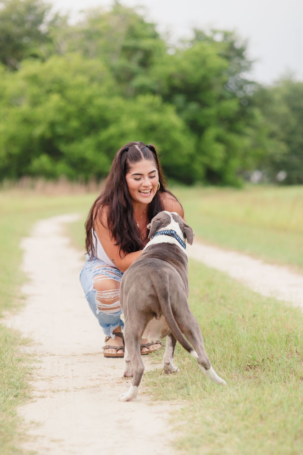 Woman in ripped jeans plays with her energetic pit bull on a rural path.