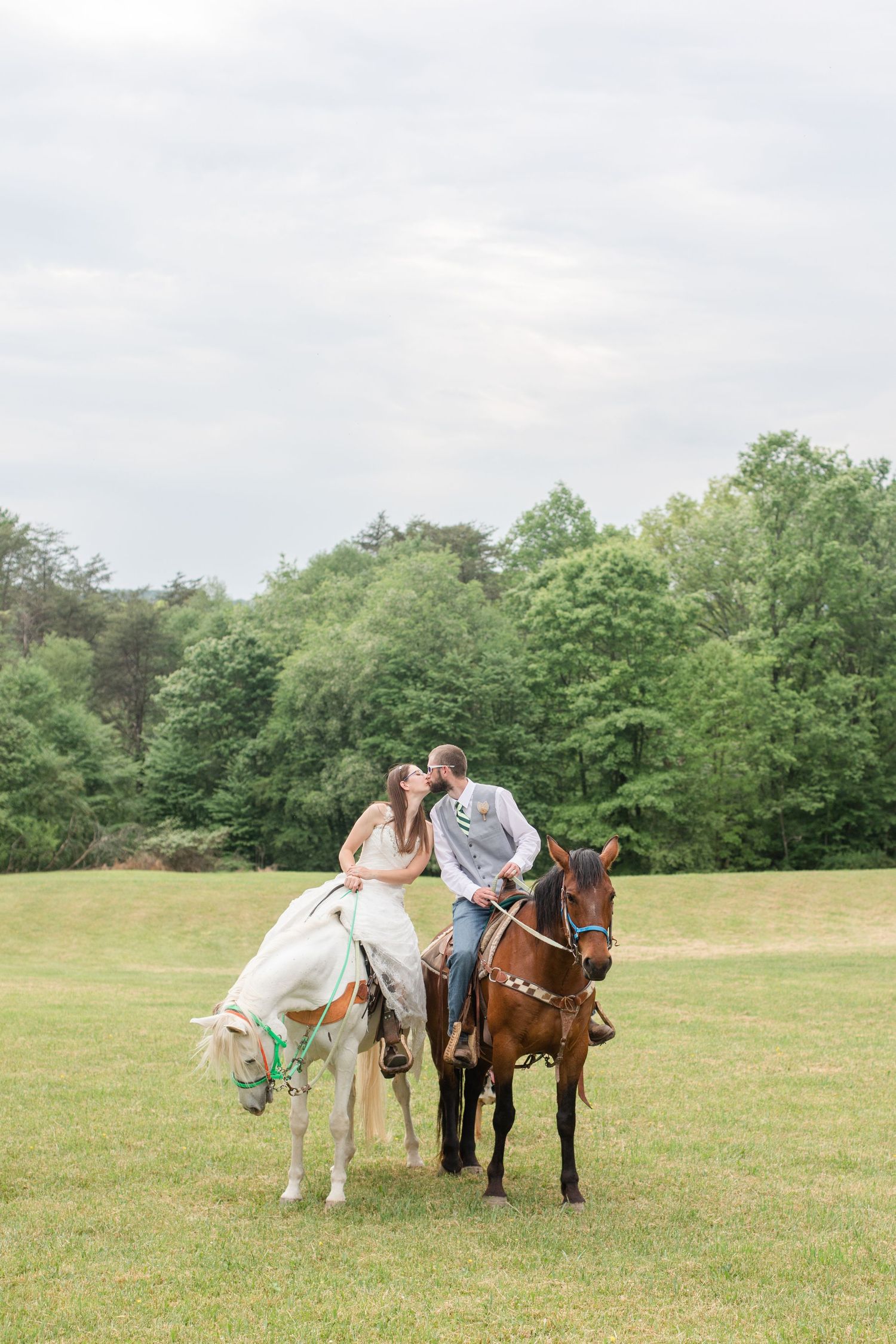Wedding couple poses with horses in a scenic green field on their special day.