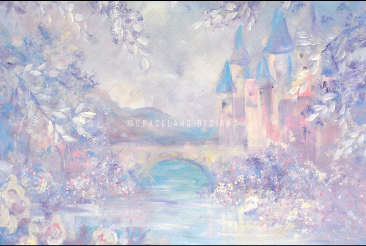 Dreamy pastel watercolor painting of a fairytale castle with spires beside a bridge over tranquil waters.