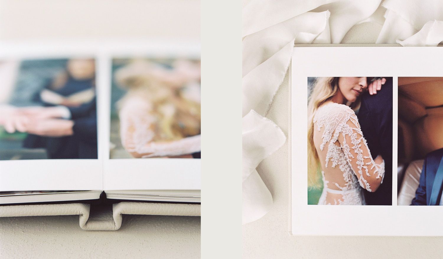 Side view of a lay-flat wedding album and an open album spread displaying a full wedding photo, highlighting premium Atkins Pro Lab quality.