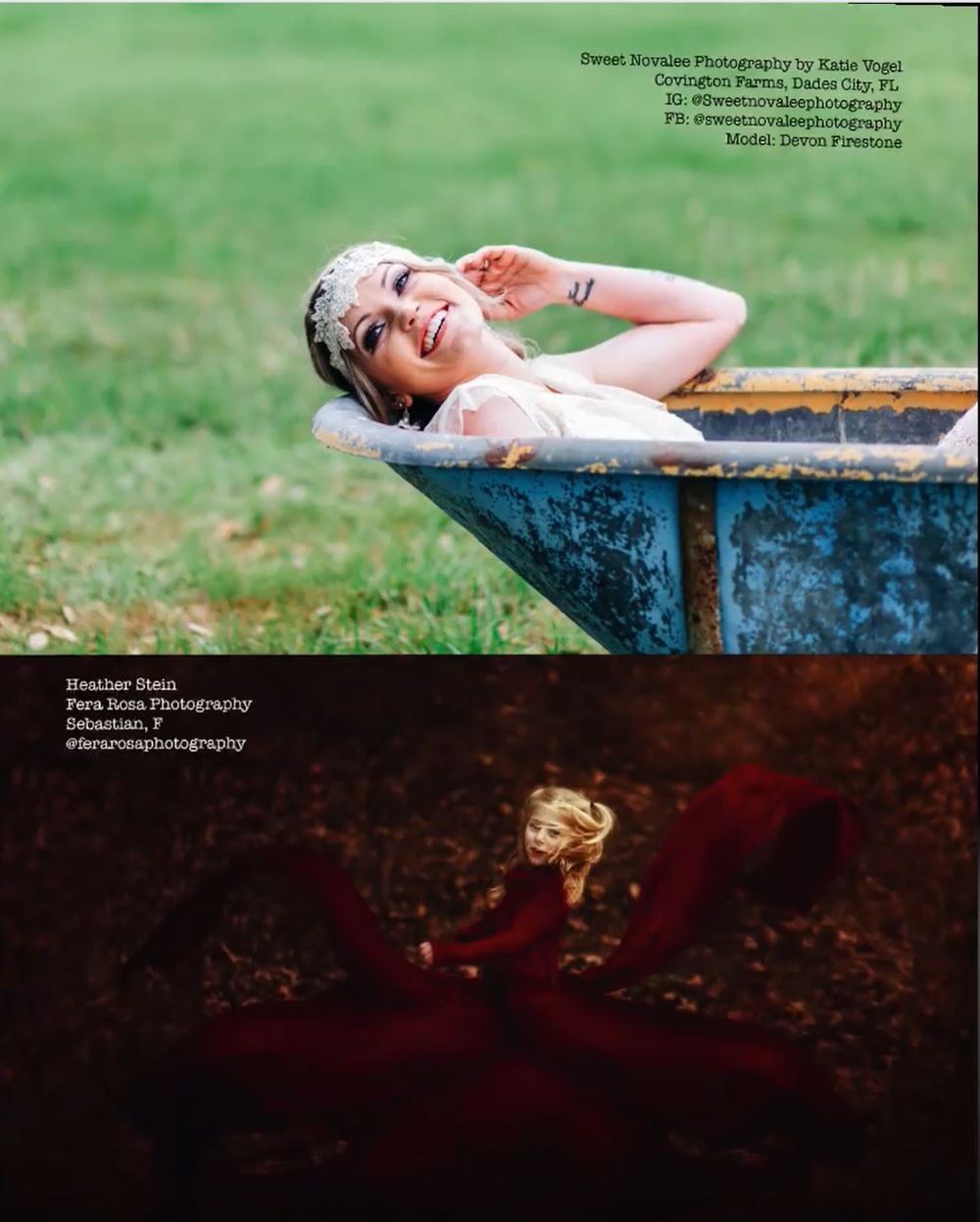 Creative portrait diptych featuring outdoor bathtub scene and dramatic red dress in forest.