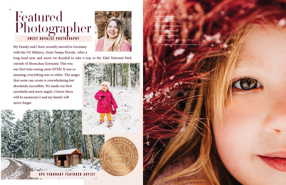 Magazine spread featuring winter photography and close-up portrait shots.
