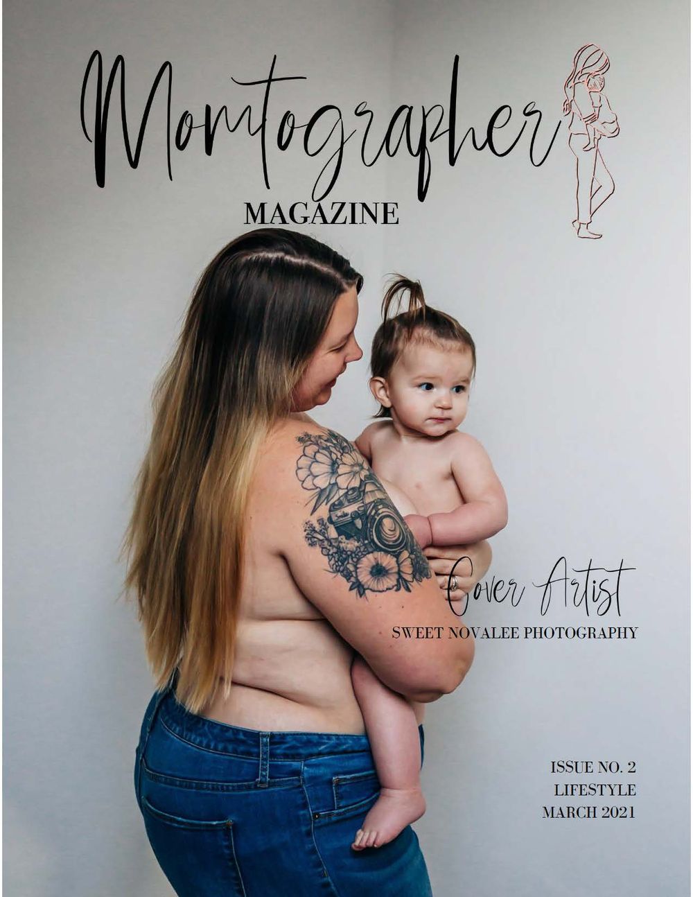Magazine cover showing Mother and baby photography branding with artistic text design.