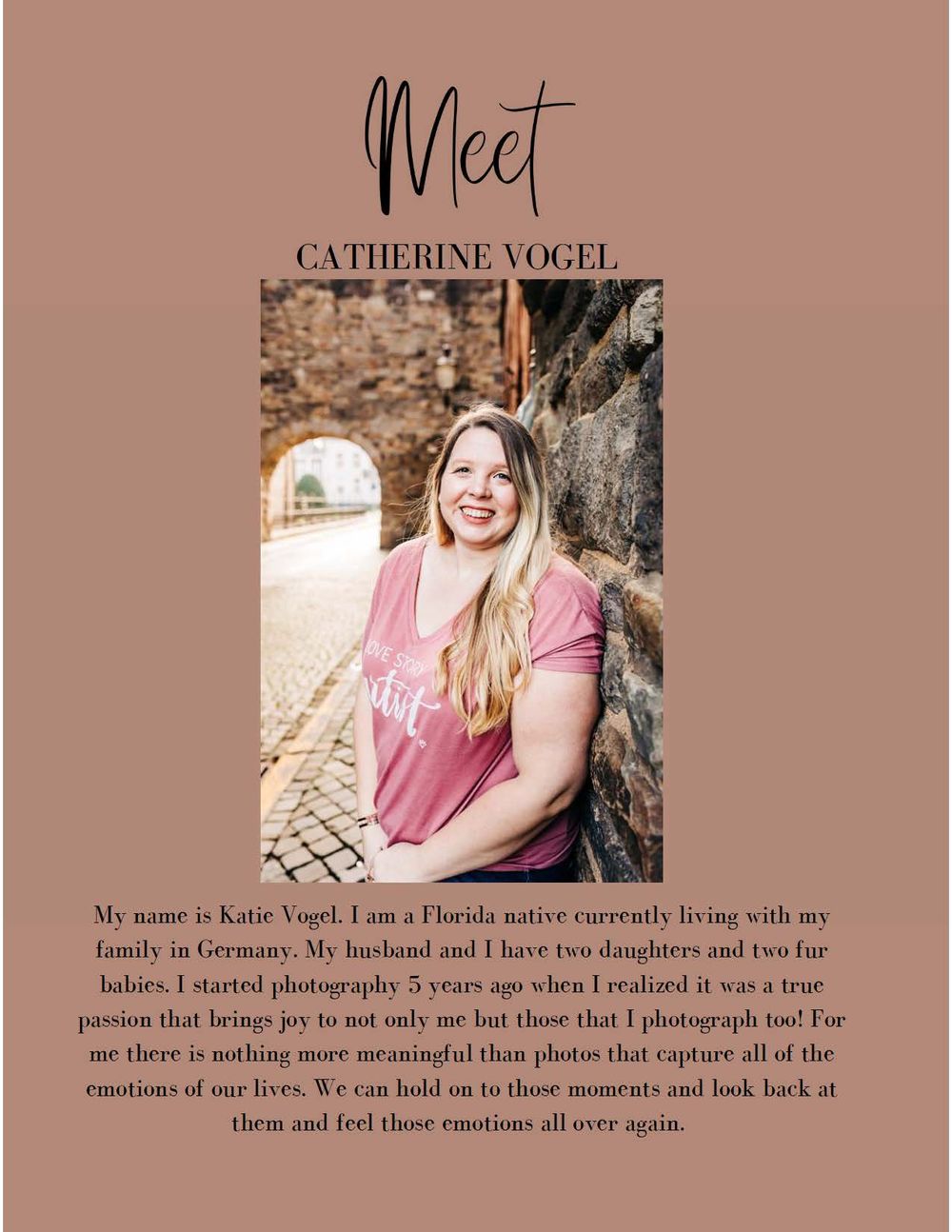 Professional headshot of photographer against stone wall with text overlay.
