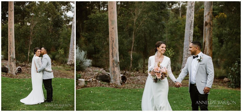 bride and groom laughing and walking