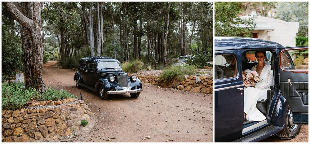 Happs Winery Wedding bride arriving in vintage car