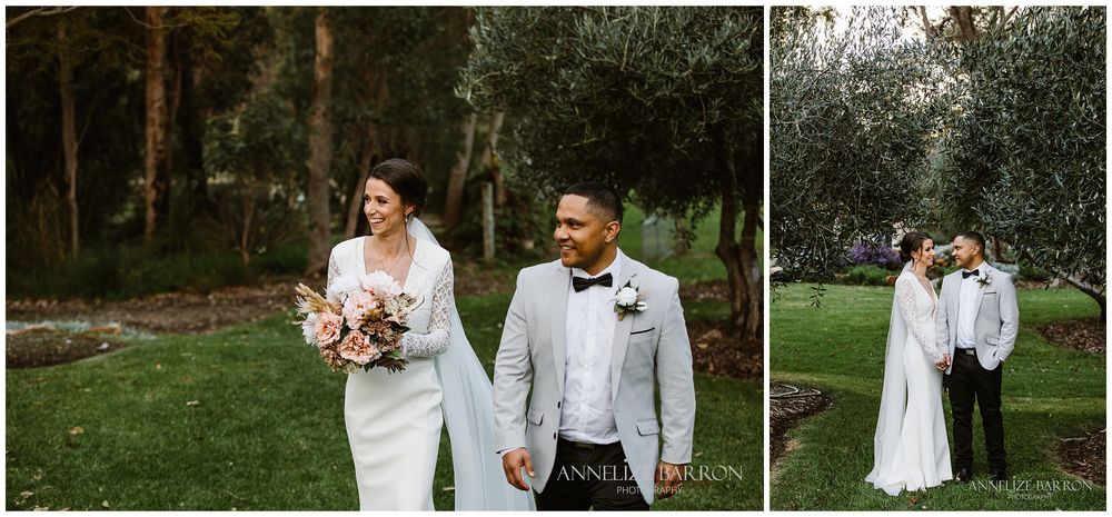 Happs Winery Wedding bride and groom walking in the garden