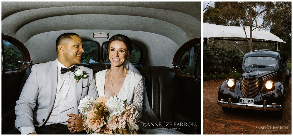 Happs Winery Wedding bride and groom departing in the vintage car