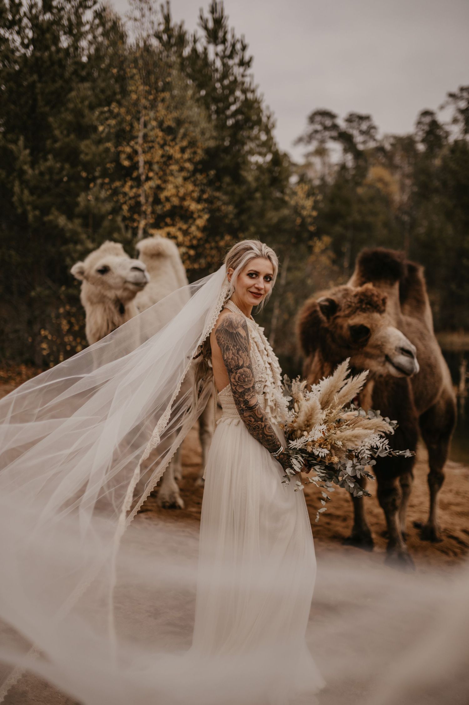 Bride in white gown with veil and tattoos holds bouquet near two camels outdoors at rustic wedding venue.