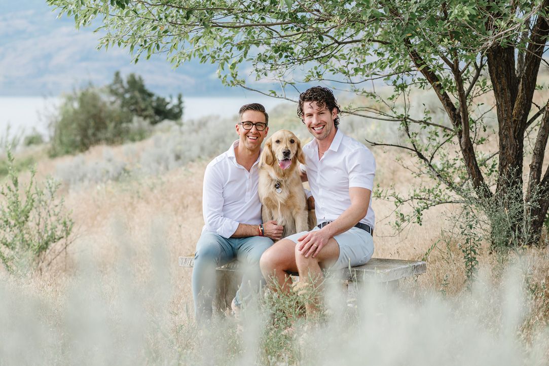 Casual outdoor photography session with a golden retriever in natural surroundings.