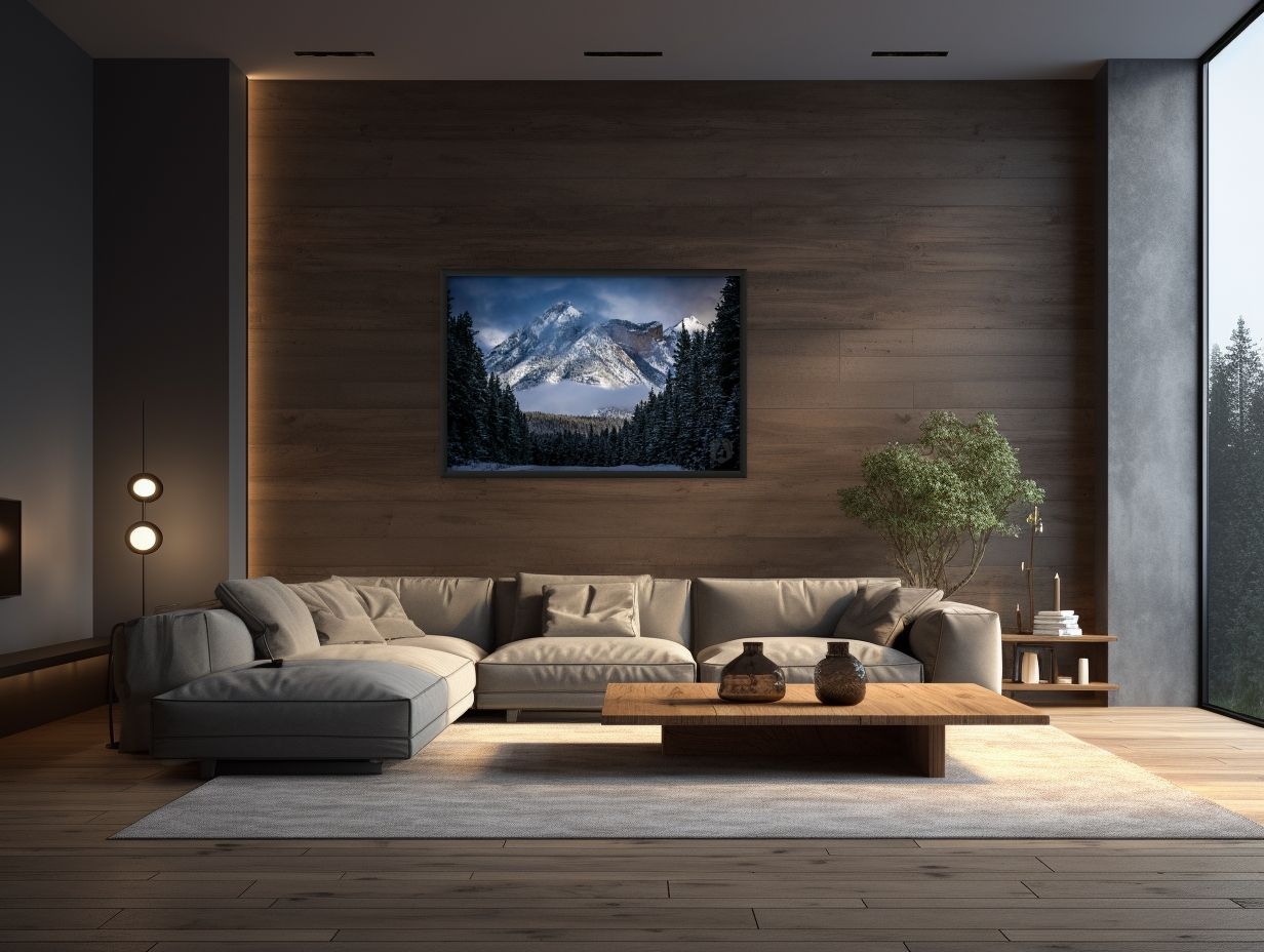 Contemporary living room featuring mountain landscape art and floating wooden platform sofa.